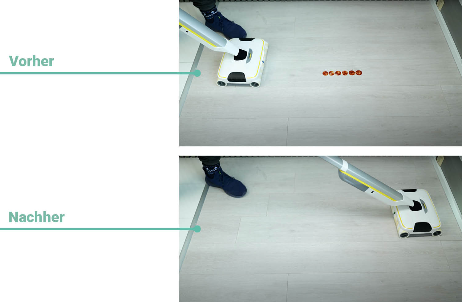 Hier seht ihr das Reinigungsergebnis der Kärcher FC 8 bei flüssigen Verschmutzungen