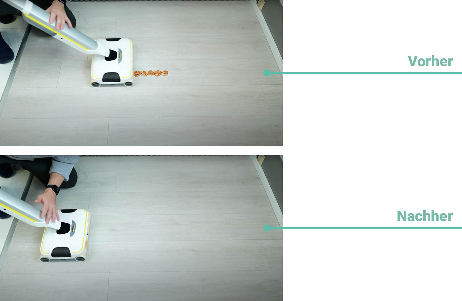 Hier seht ihr das Reinigungsergebnis des Kärcher FC 8 bei eingetrocknetem Ketchup