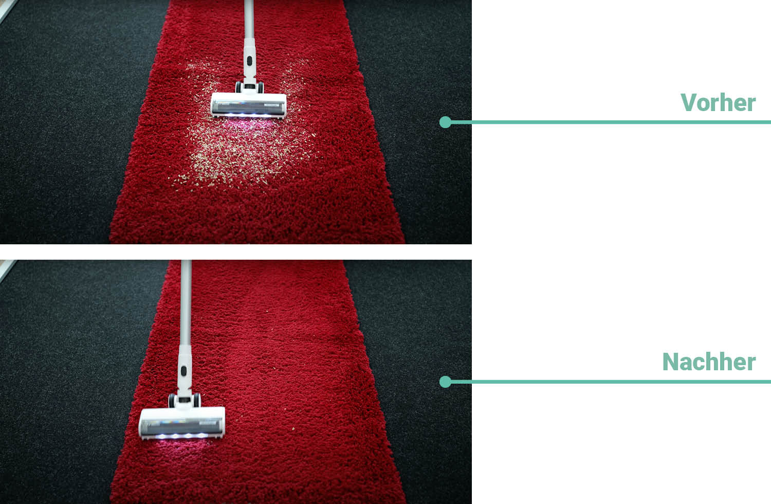 Nun das Reinigungsergebnis des Tineco Floor One Switch S6 Stretch Plus auf Teppich