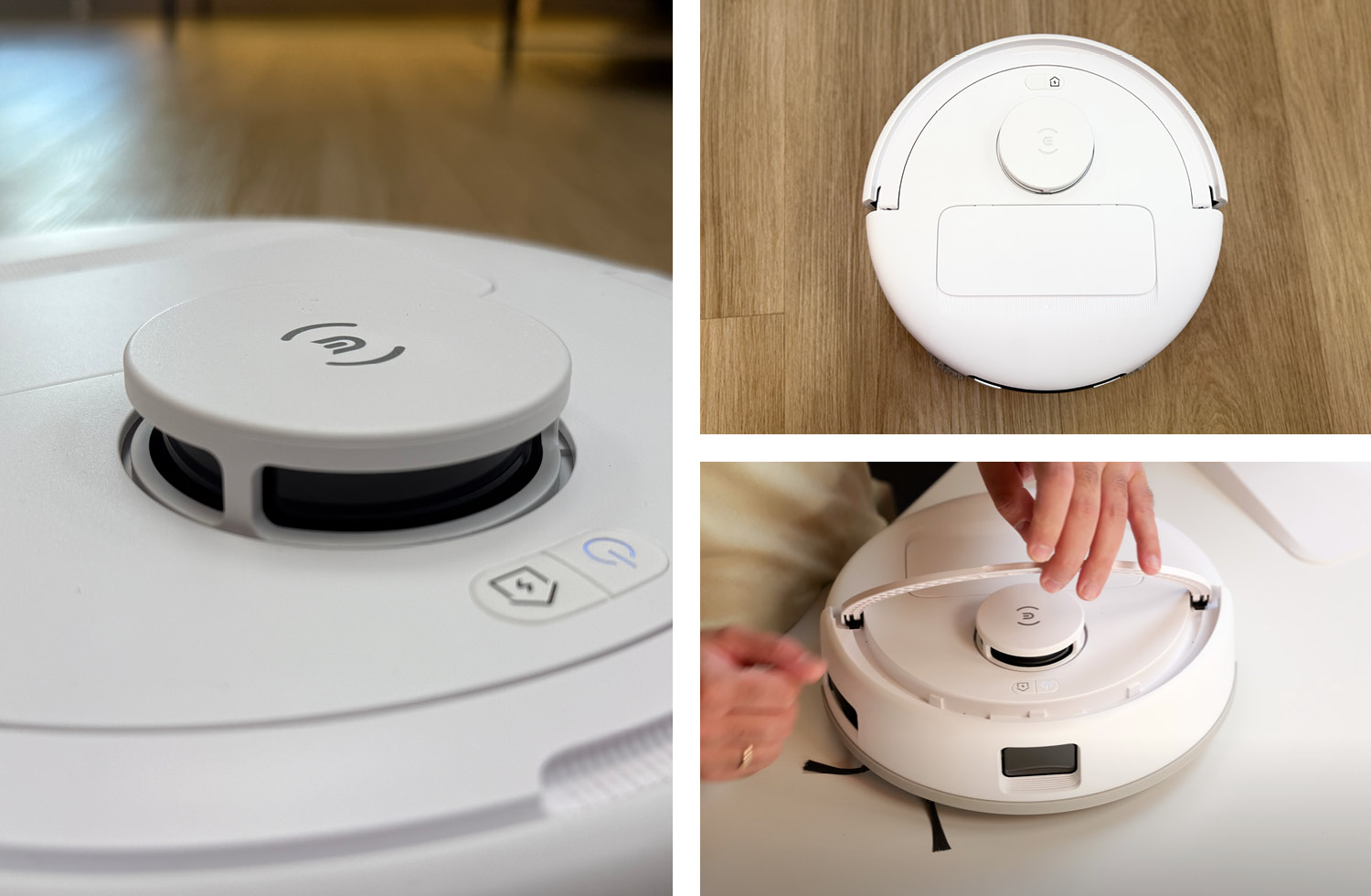 Auf der Oberseite des ECOVACS DEEBOT mini befindet sich ein federnd gelagerter Laserturm und ein praktischer, ausklappbarer Haltegriff.