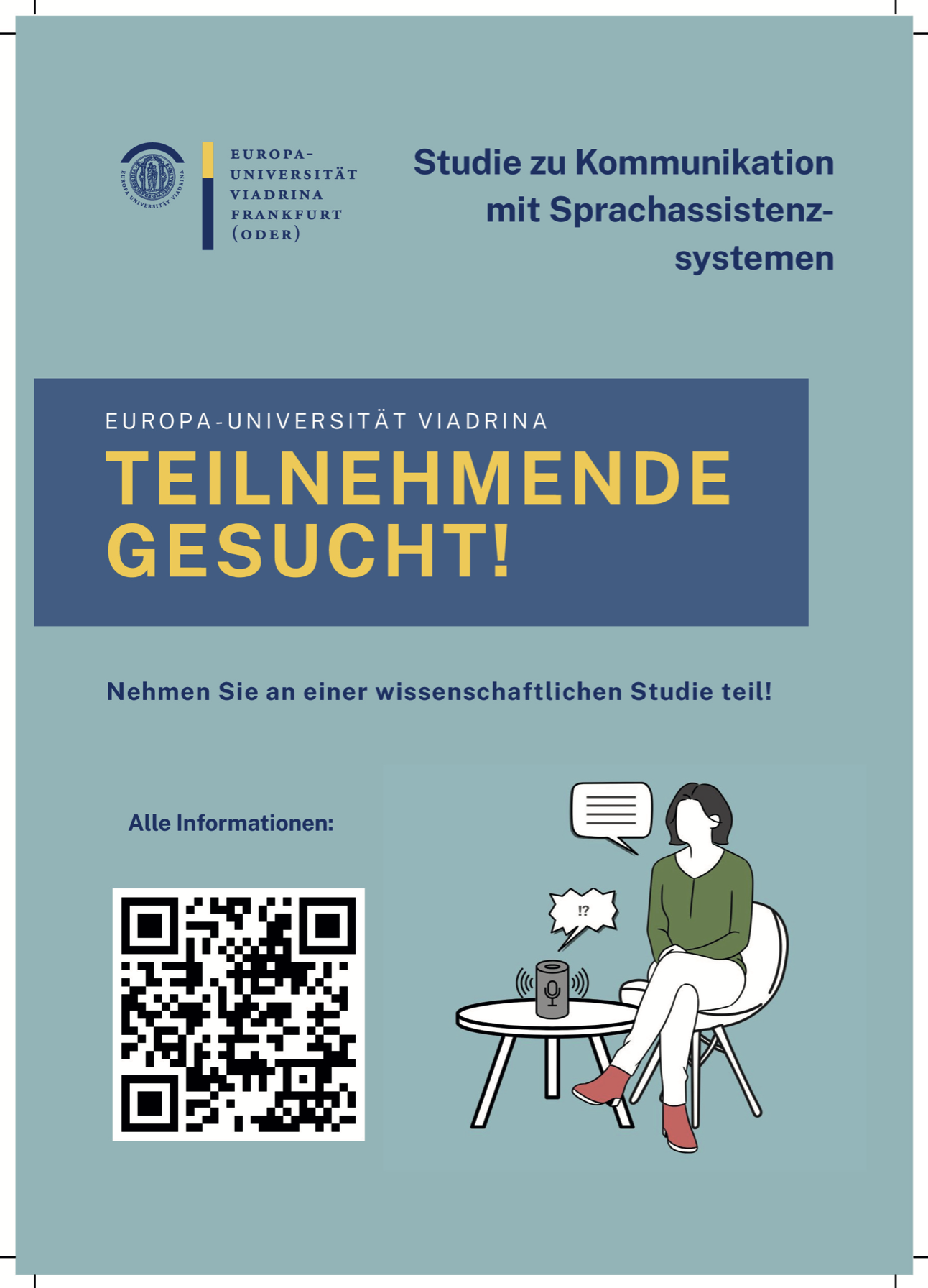 Teilnehmer für eine Studie zu Kommunikation mit Sprachassistenzsystemen werden gesucht von der E U R O P A -UNIVERSITÄT V I A D R I N A F R A N K F U R T (ODER)