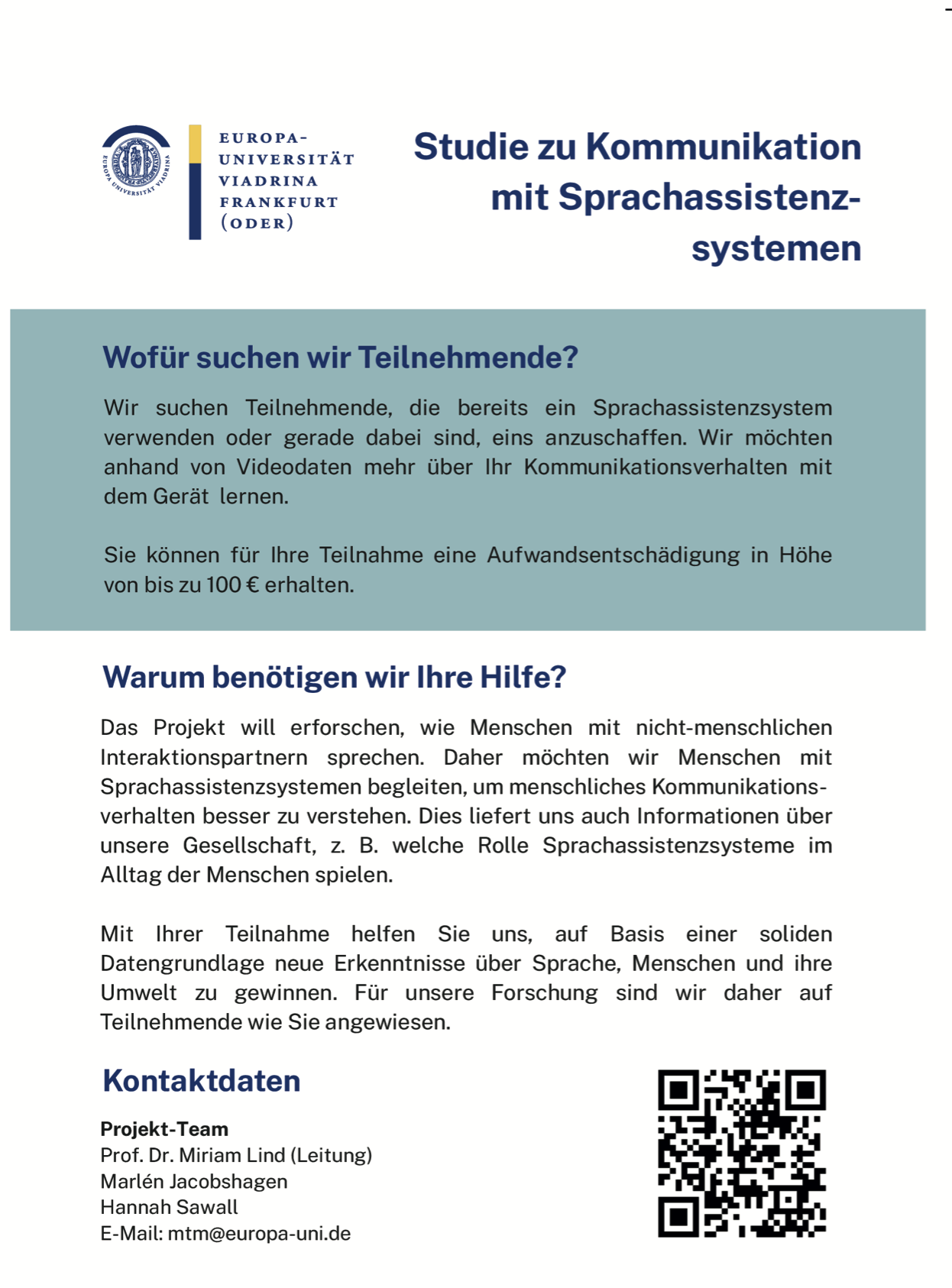 Teilnehmer für eine Studie zu Kommunikation mit Sprachassistenzsystemen werden gesucht von der E U R O P A -