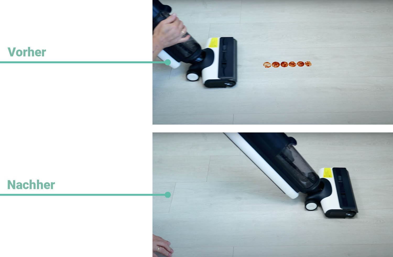 Das Reinigungsergebnis des Die Flexibilität des Tineco Floor One S6 Flashdry PET bei Ketchup