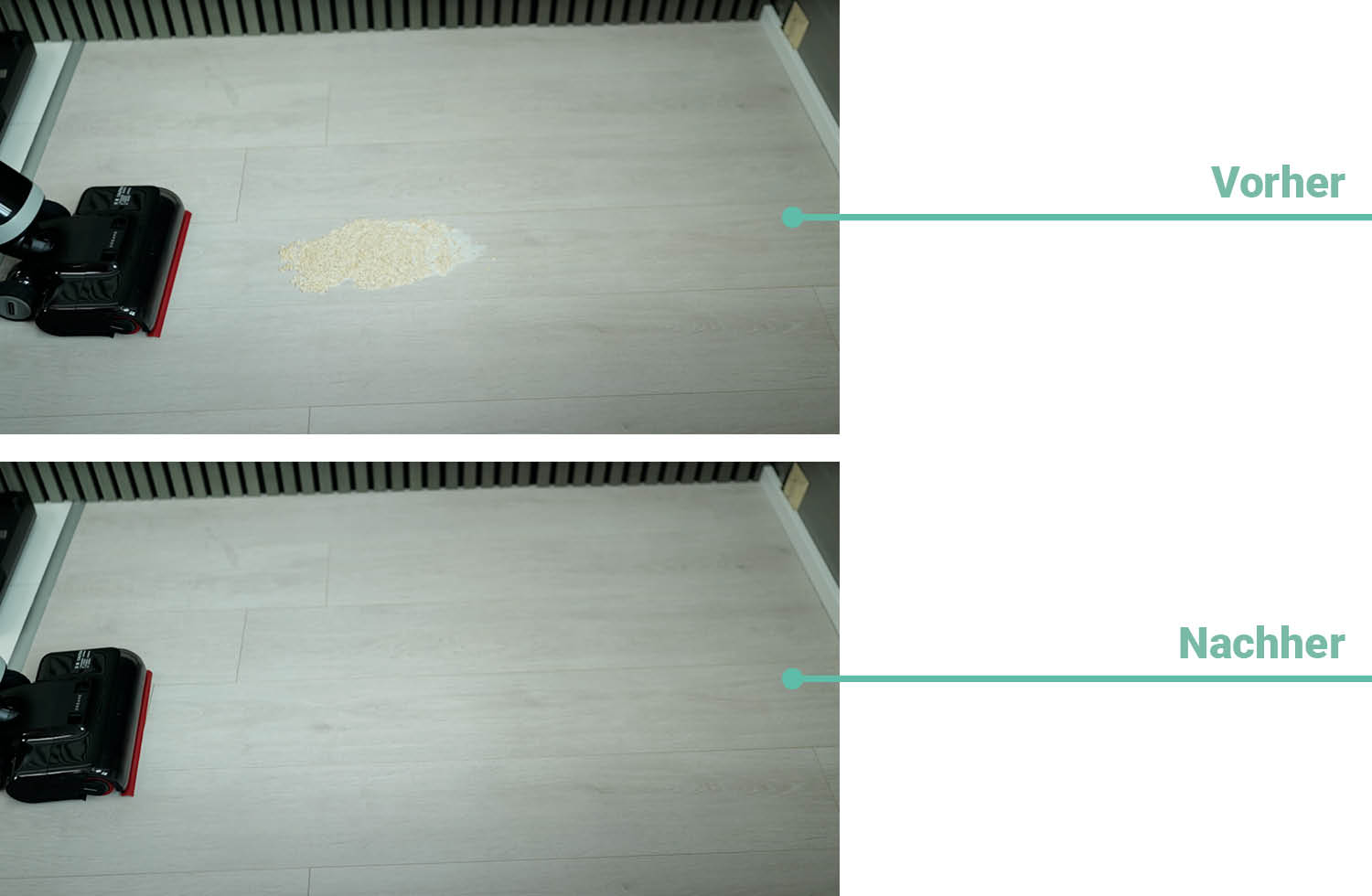 Das Reinigungsergebnis des Dreame Wischsaugers bei groben und dickflüssigen Verschmutzungen