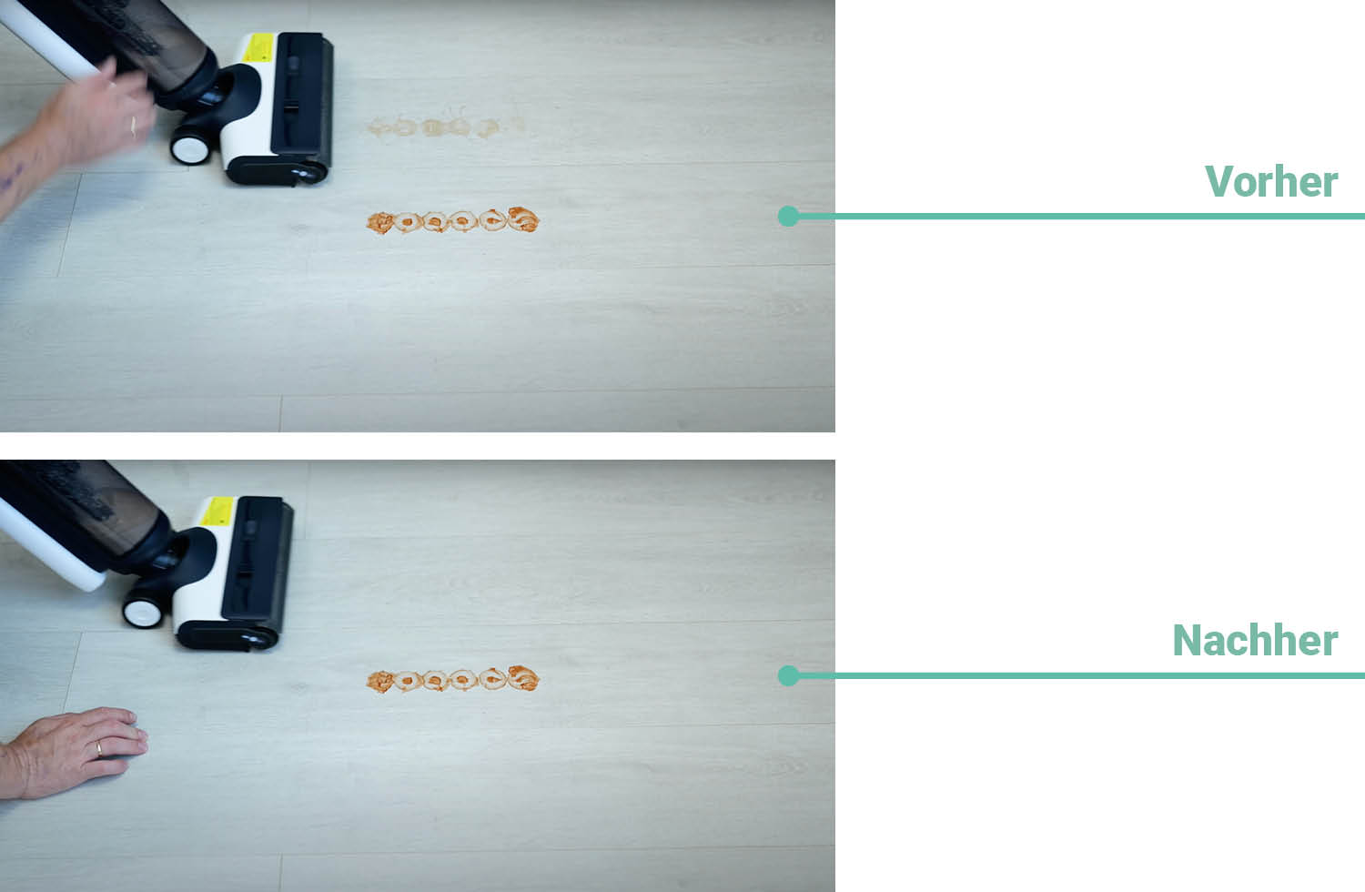 Das Reinigungsergebnis des Tineco Floor One S6 Flashdry PET bei trockener Verschmutzung