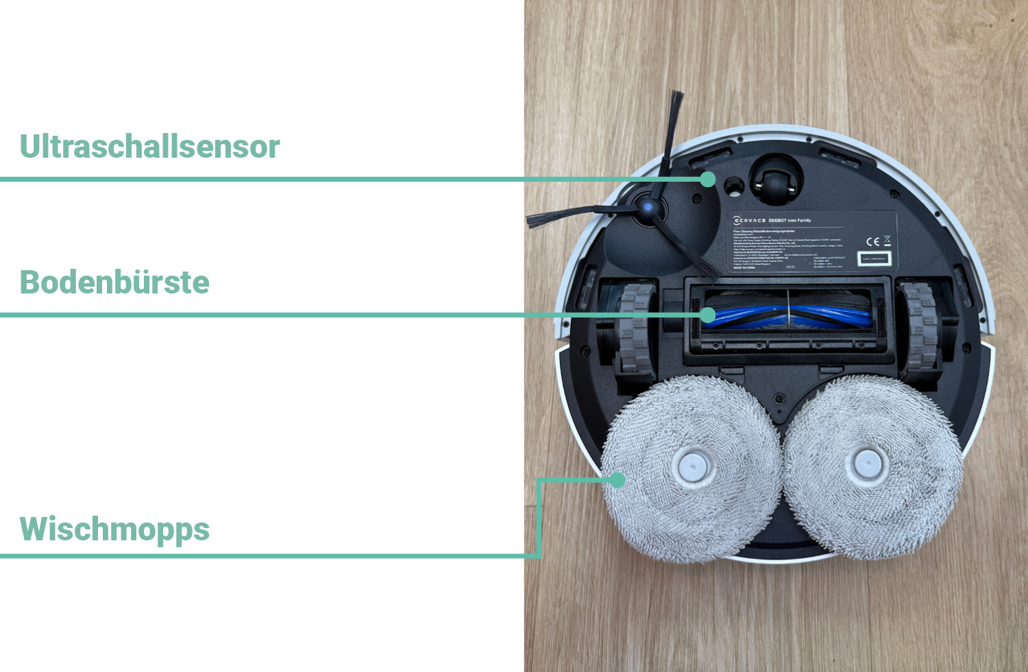 Das alles findet man auf der Unterseite des ECOVACS DEEBOT mini