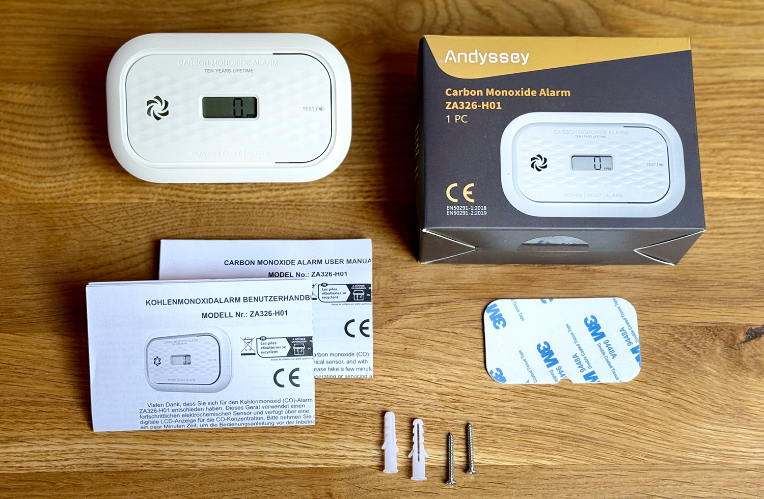 Das ist der Lieferumfang des Andyssey Kohlenmonoxid-Melders