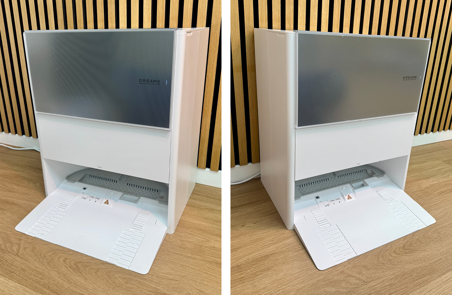 Das ist die Reinigungsstation des Dreame Aqua10 Ultra Roller, die stark einem Nachttisch ähnelt