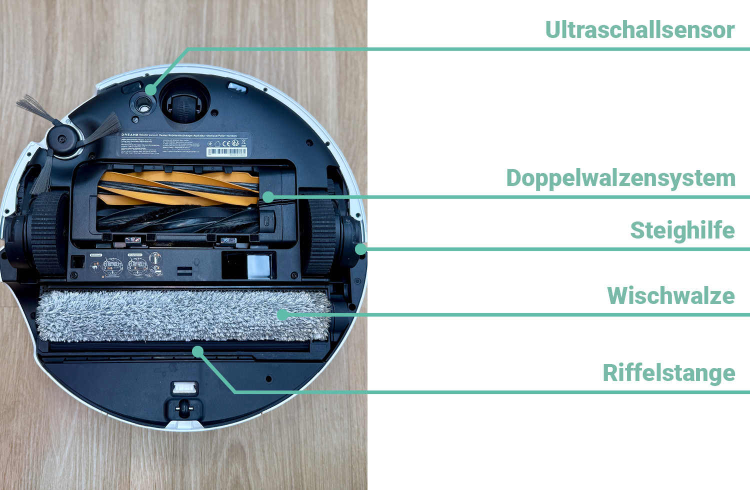 Das ist die Unterseite des Dreame Aqua10 Ultra Roller