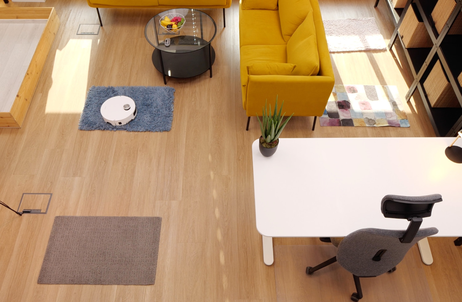 Das sind die vier ausgelegten Teppiche im Testareal, die der Dreame Aqua10 Ultra Roller befahren muss