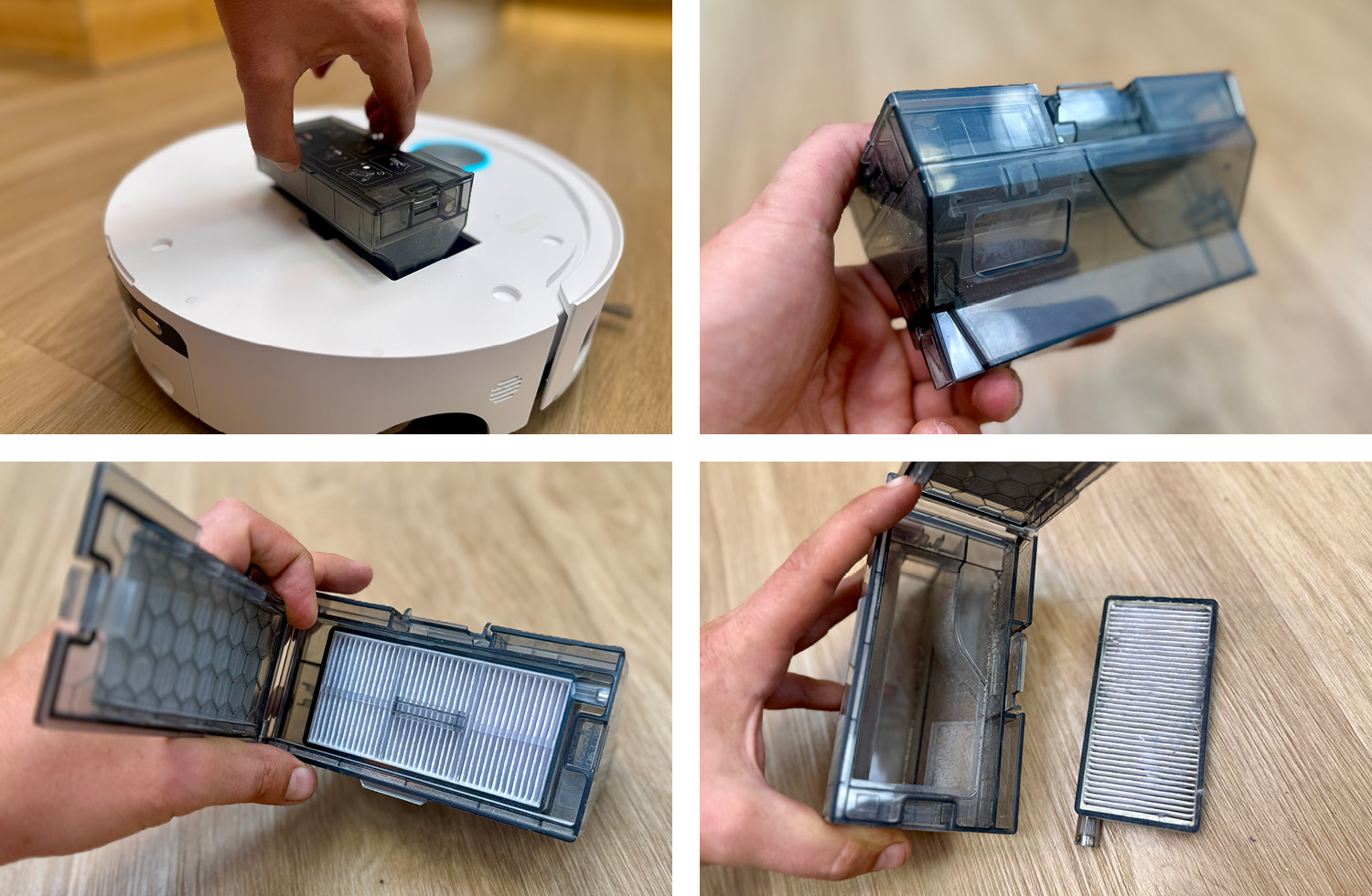 Der transparente Staubbehälter des Dreame Aqua10 Ultra Roller ist ausreichend bemessen