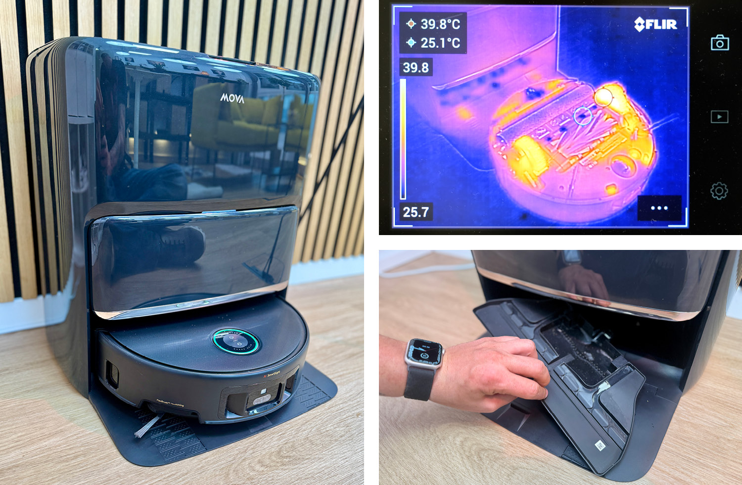 Die Moppwäsche des Mova Z60 Ultra Roller Complete wäscht die Wischmopps mit heißem Wasser aus