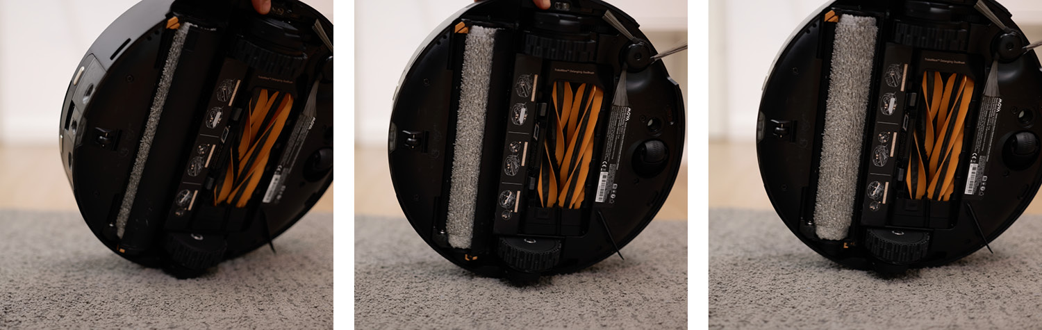 Die Verschlusstechnik zeigt sich, wenn man den Saugroboter auf Teppich anhebt. Sie öffnet sich jedoch augenblicklich