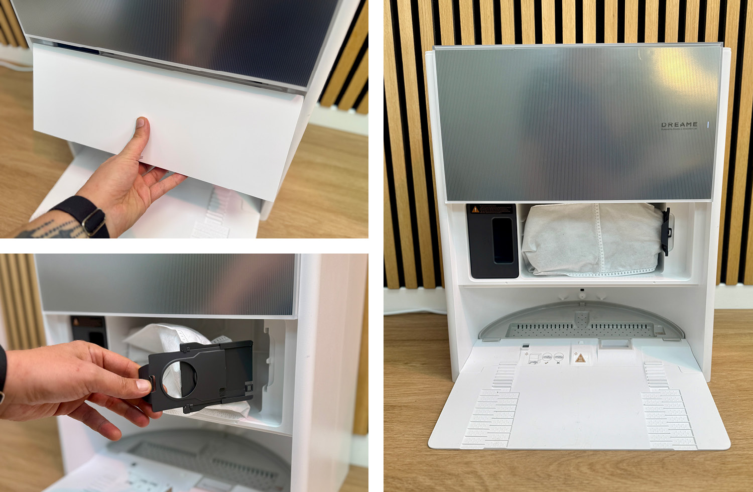 Im Inneren befindet sich zudem die automatische Absaugstation inkulsive Staubbeutel