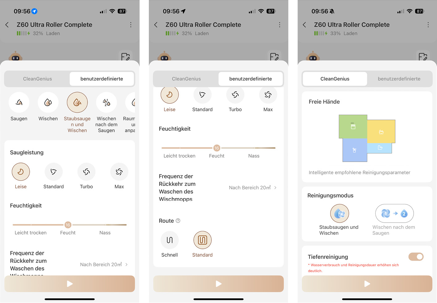 Mova Z60 Ultra Roller Complete - App - Reinigungsparameter
