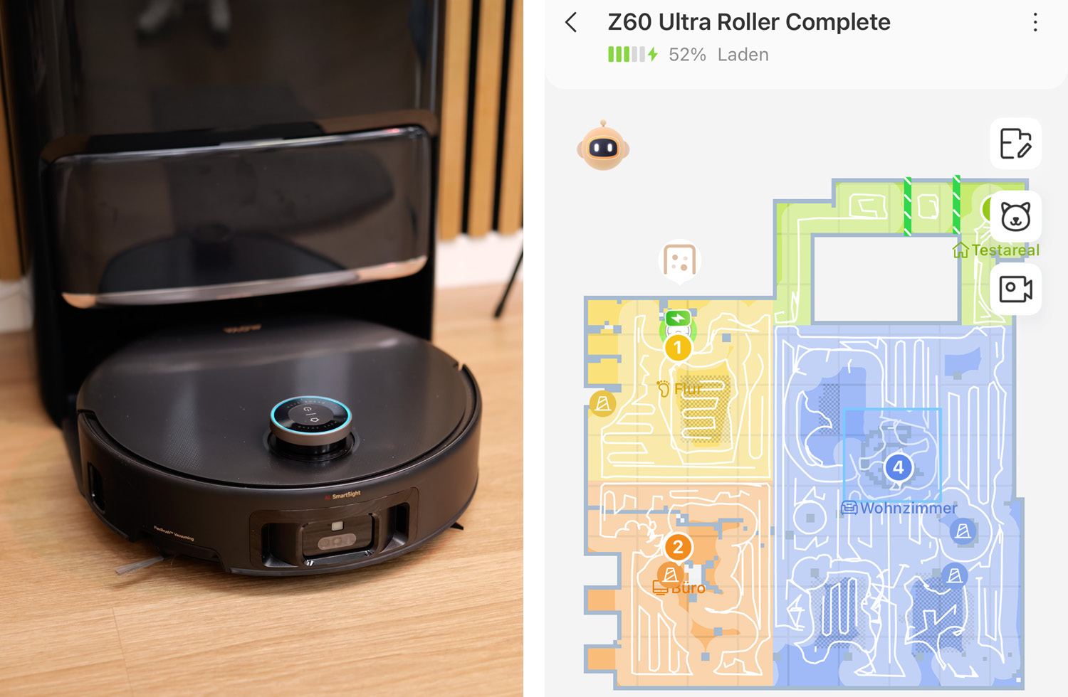 Nach 25 Quadratmeter Fahrt hat der Mova Z60 Ultra Roller Complete nur noch 52 Prozent Akku