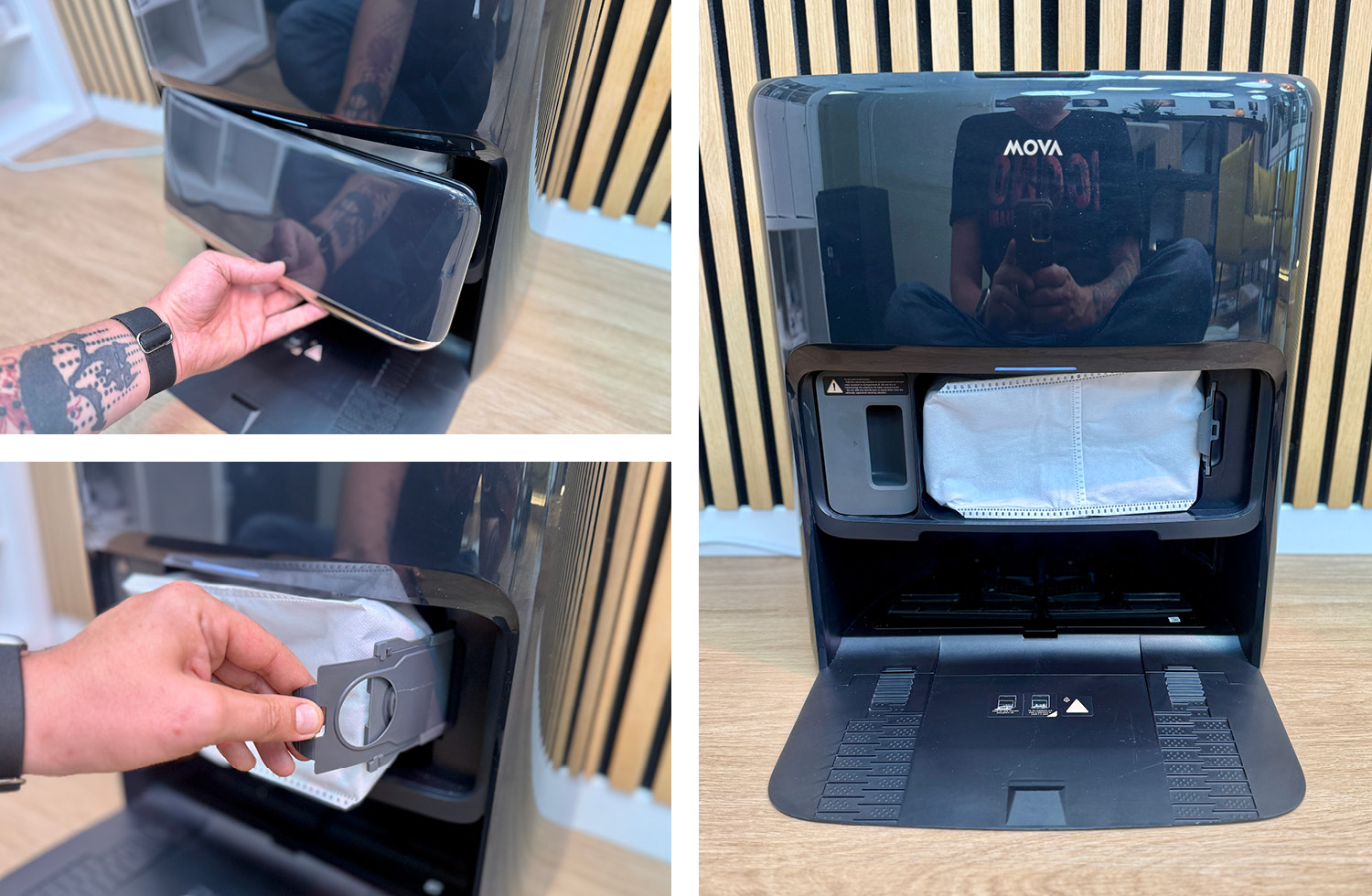 Neben dem Reinigungsmitteltank sitzt der Staubbeutel der Absaugstation des Mova Z60 Ultra Roller Complete