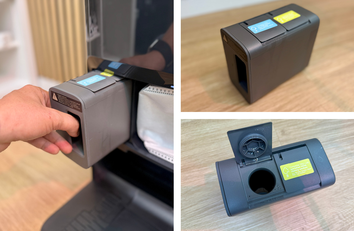 Neben der Absaugstation befindet sich ein Reinigungsmitteltank, der frei mit zwei unterschiedlichen Lösungen befüllt werden kann