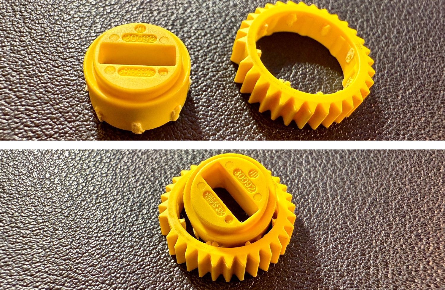 Wie man sieht, erkennt man deutlich die Sollbruchstellen des gelben Zahnrads