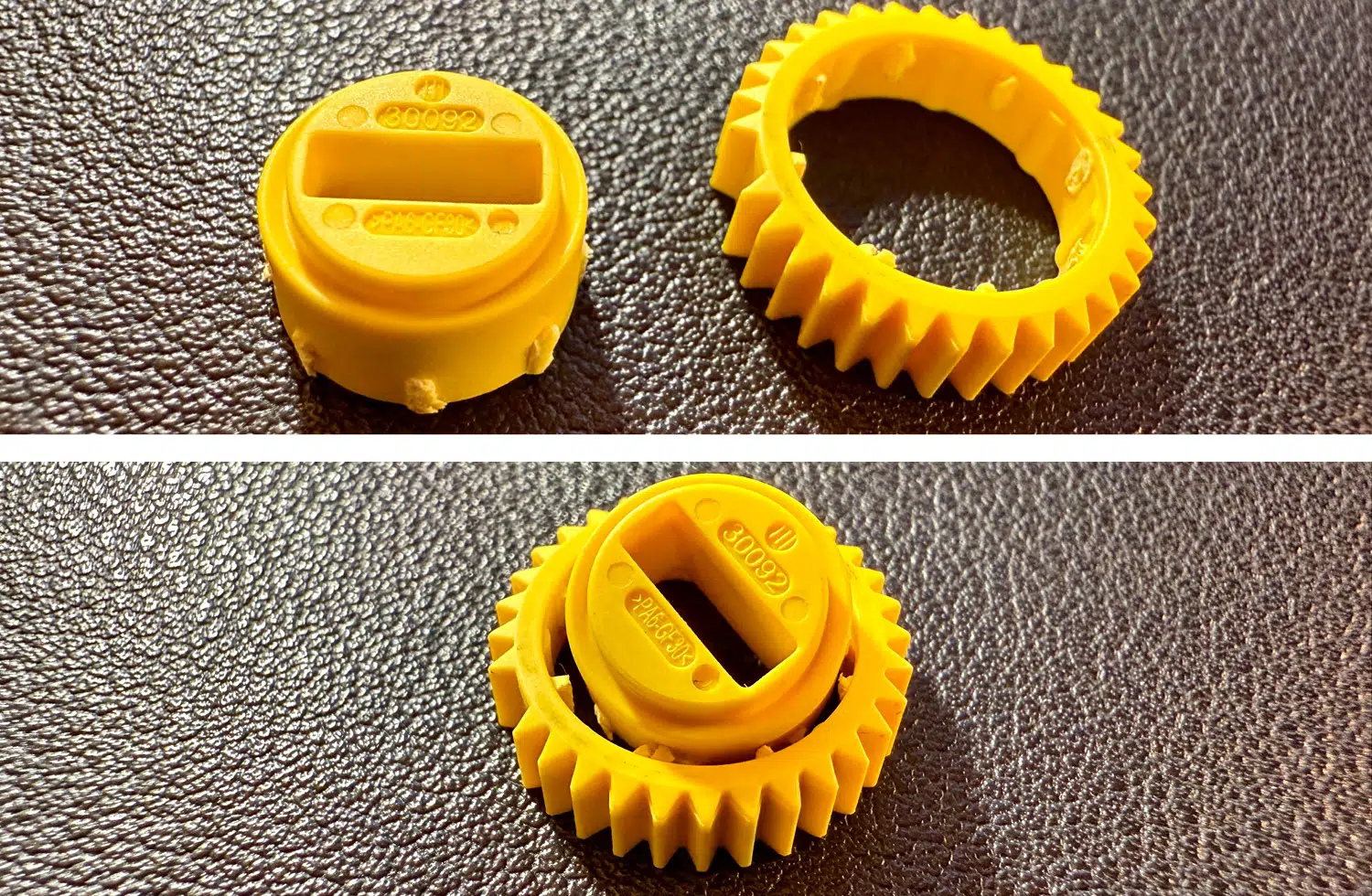 Wie man sieht, erkennt man deutlich die Sollbruchstellen des gelben Zahnrads