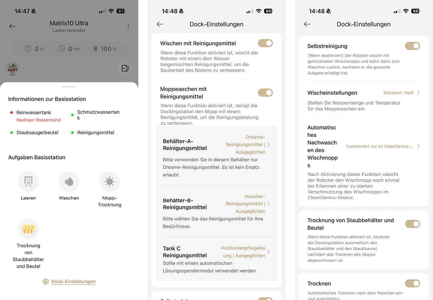 Dreame Matrix10 Ultra App Dockeinstellung