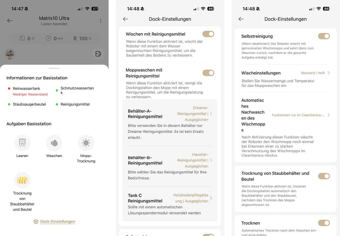 Dreame Matrix10 Ultra App Dockeinstellung