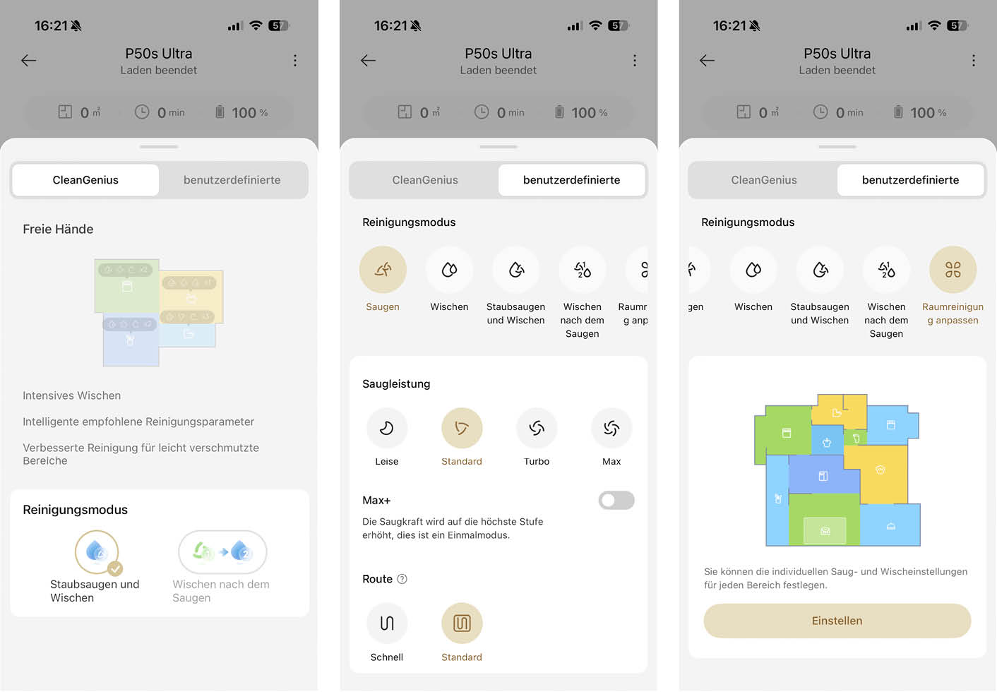 MOVA P50s Ultra App Reinigungseinstellungen