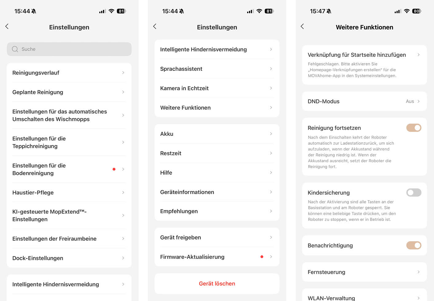 MOVA MOBIUS 60 App Weitere Funktionen