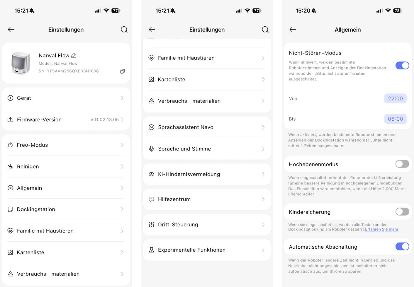 Narwal Flow App Einstellungen