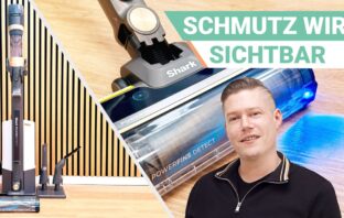 Shark PowerDetect Clean & Empty Akkusauger im Test – kabelloser Staubsauger mit LED-Beleuchtung an der Bodendüse, Knickgelenk für Möbelunterseiten, Anti-Haarverwicklungsbürste und automatischer Absaugstation.