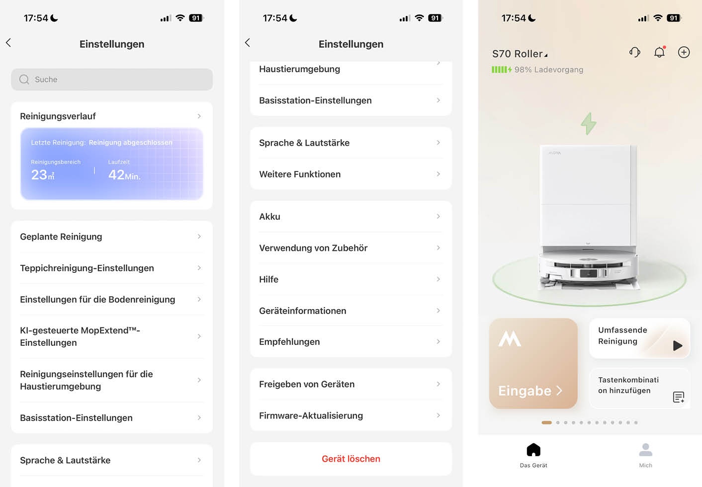 MOVA S70 Roller App Einstellungen