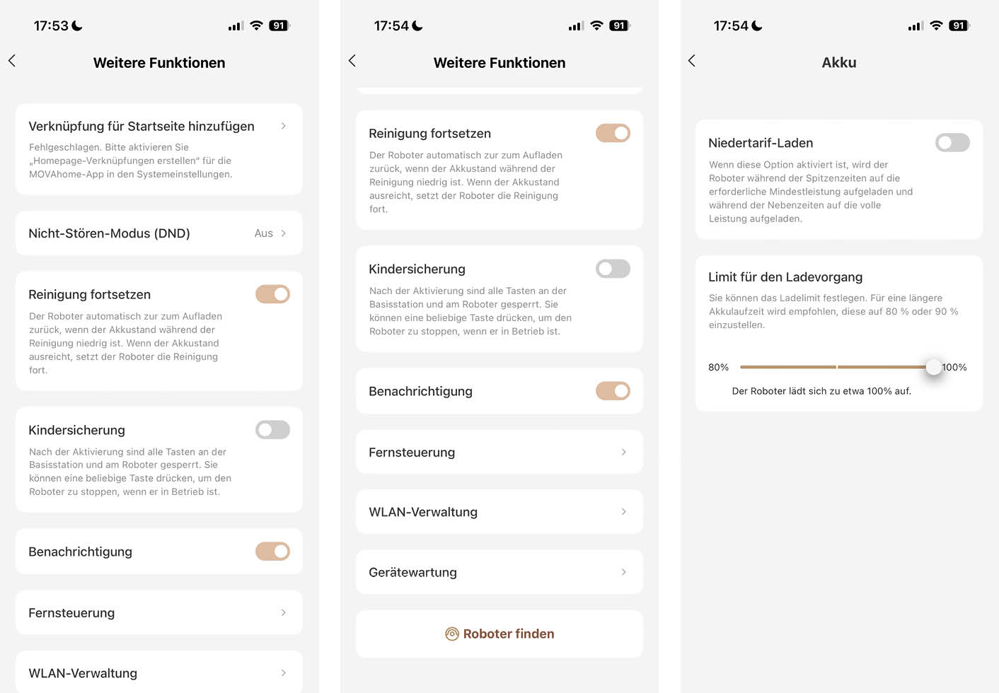 MOVA S70 Roller App Robotereinstellungen