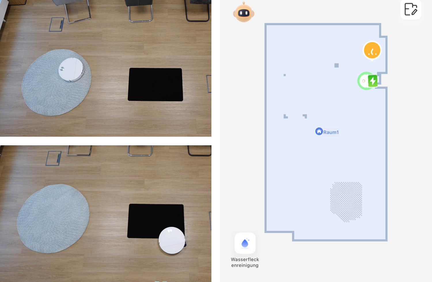 MOVA S70 Roller Navigation Praxis Teppiche rund schwarz App