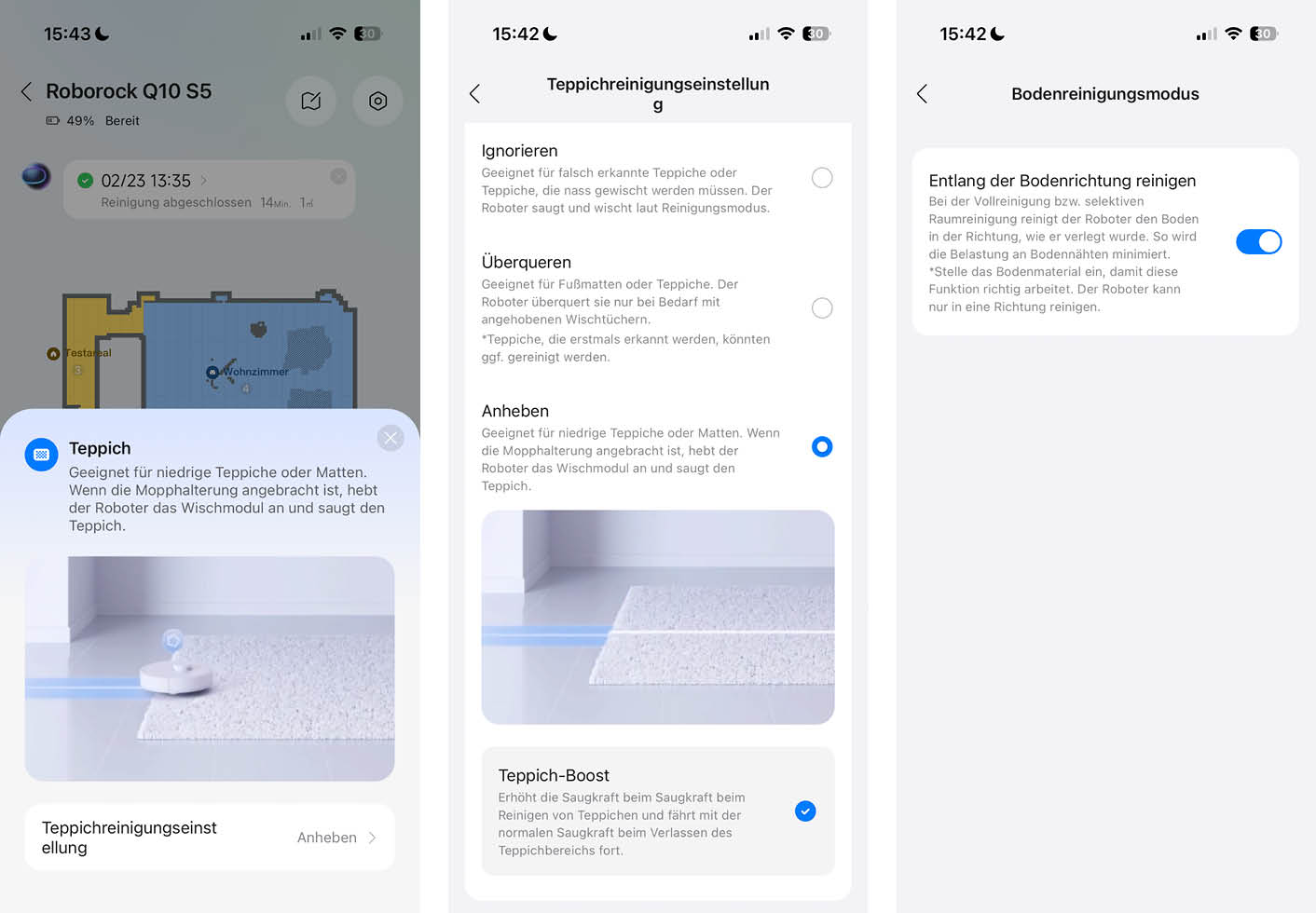 Roborock Q10 S5 App Boden Teppich