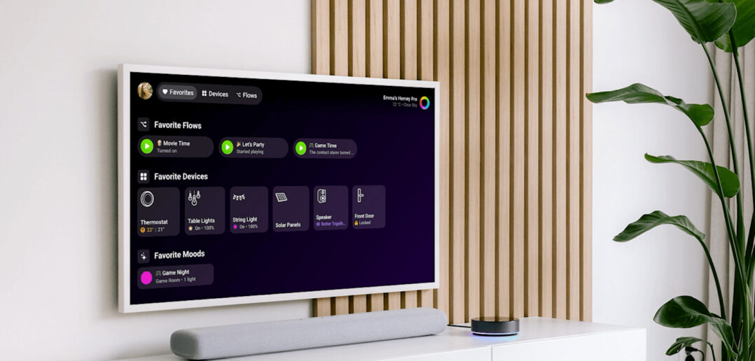 Homey startet auf Android TV und webOS. Die App steuert Geräte, Flows und Moods direkt über den Fernseher.