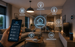Zeigt Raum mit Ambiente und diverse Geräte zum Thema Smarthome