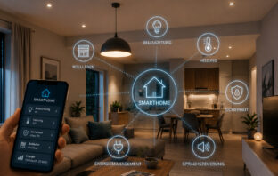 Zeigt Raum mit Ambiente und diverse Geräte zum Thema Smarthome