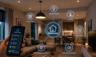 Zeigt Raum mit Ambiente und diverse Geräte zum Thema Smarthome