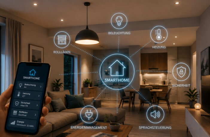 Zeigt Raum mit Ambiente und diverse Geräte zum Thema Smarthome