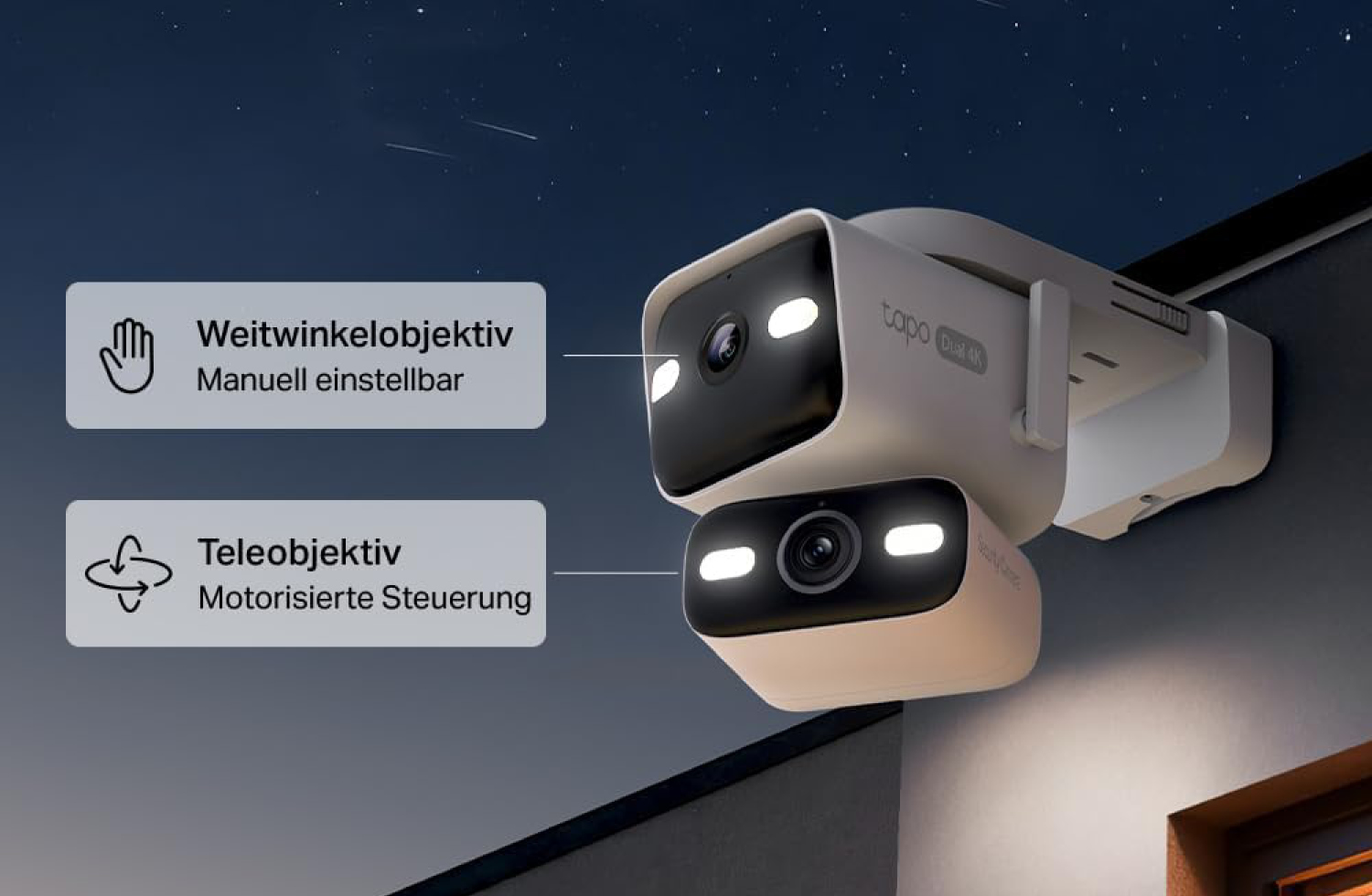 Die TP-Link Tapo C575D ist eine kabelgebundene Außenkamera mit zwei Objektiven und 4K-Auflösung. Sie kombiniert ein Ultraweitwinkelobjektiv mit einer schwenk- und neigbaren Kamera, um größere Bereiche rund ums Haus ohne starke tote Winkel zu erfassen.