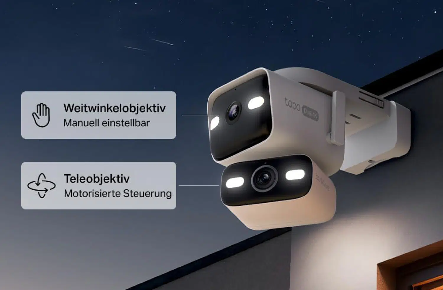 Die TP-Link Tapo C575D ist eine kabelgebundene Außenkamera mit zwei Objektiven und 4K-Auflösung. Sie kombiniert ein Ultraweitwinkelobjektiv mit einer schwenk- und neigbaren Kamera, um größere Bereiche rund ums Haus ohne starke tote Winkel zu erfassen.