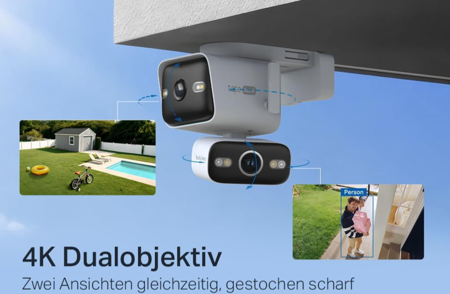 Die TP-Link Tapo C575D ist eine kabelgebundene Außenkamera mit zwei Objektiven und 4K-Auflösung. Sie kombiniert ein Ultraweitwinkelobjektiv mit einer schwenk- und neigbaren Kamera, um größere Bereiche rund ums Haus ohne starke tote Winkel zu erfassen.