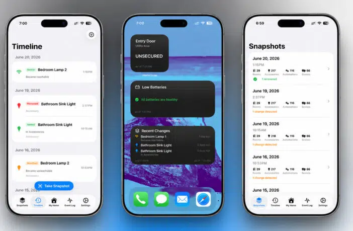 HomeSnap überwacht Apple Home, protokolliert Änderungen und zeigt Batterien, Offline-Geräte sowie Setup-Codes an.