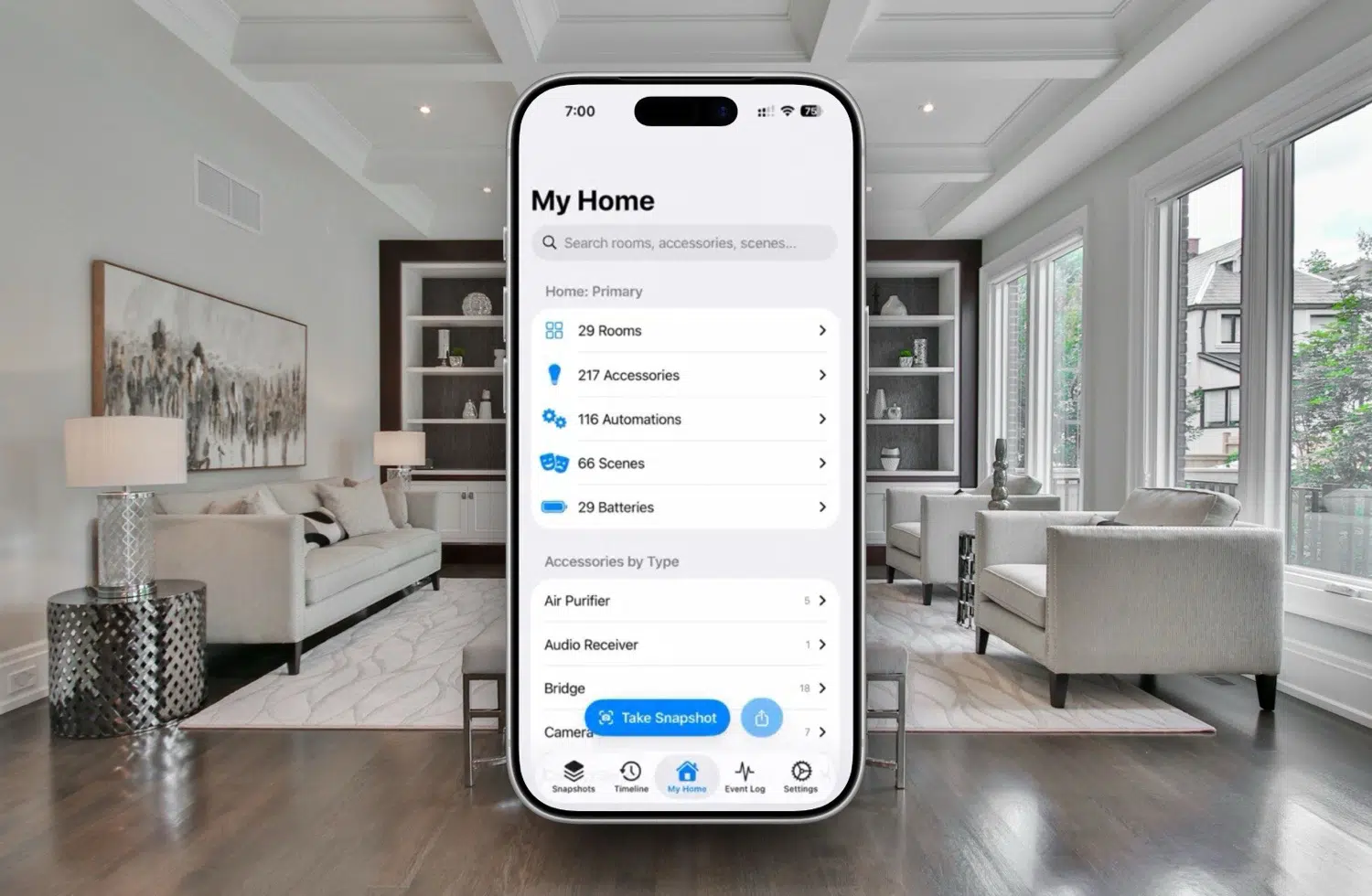 HomeSnap überwacht Apple Home, protokolliert Änderungen und zeigt Batterien, Offline-Geräte sowie Setup-Codes an.