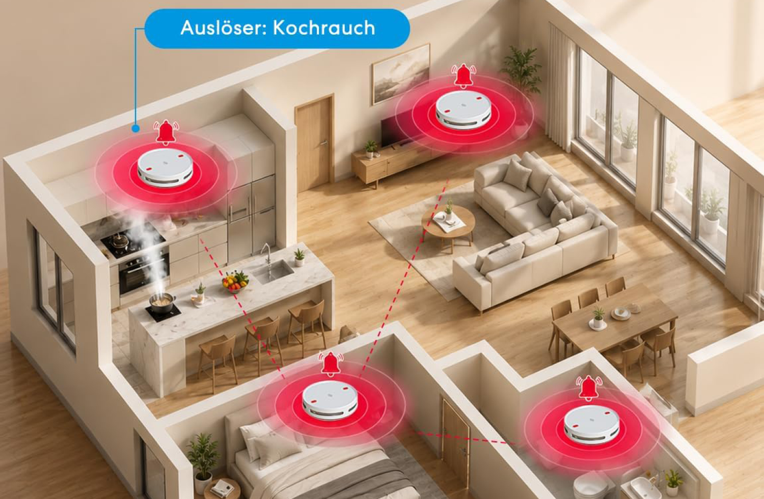 er Meross MA152 verbindet Rauchalarm, rotes LED-Fluchtlicht und Matter. Für App-Anbindung und Vernetzung wird der MSH450-Hub benötigt.